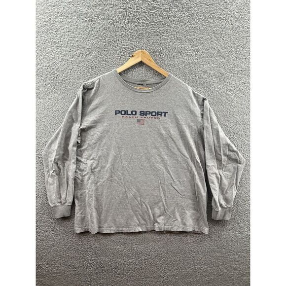 Vintage Ralph Lauren Gray Long-Sleeve Blue Polo Sport Spell Out Cut Tag - Picture 1 of 4